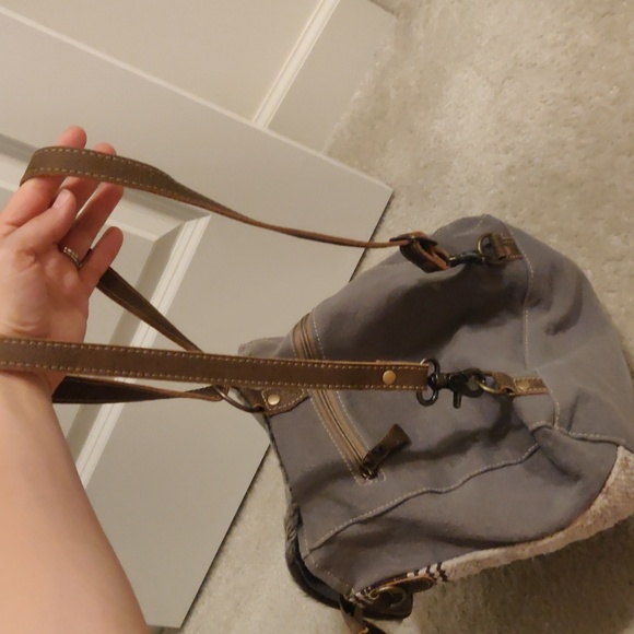 MYRA BAG - Crossbody/backpcCanvas Cowhide Med Shoulder Bag, Gray Brown and Beige - Picture 8 of 12